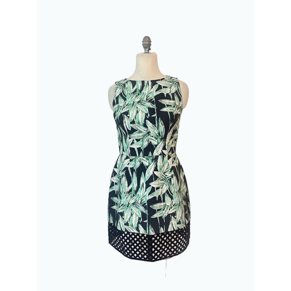 PatBO Black Mini Dress with Green Leaf Print and Lattice Hem Trim